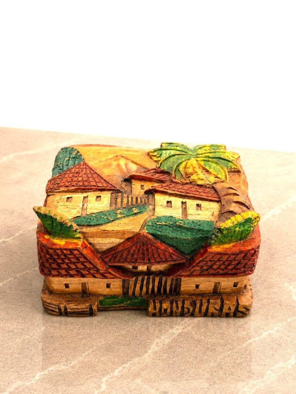 Handmade Honduras Carved Wooden Village Keepsake Box Trinket Jewelry Box